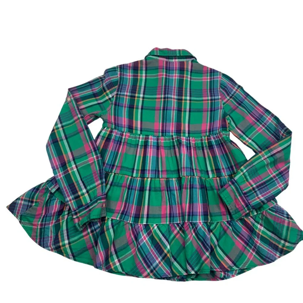 Ralph Lauren 100% Cotton Plaid/Tiered/Ruffle Long Sleeve Dress Girl's Size 12